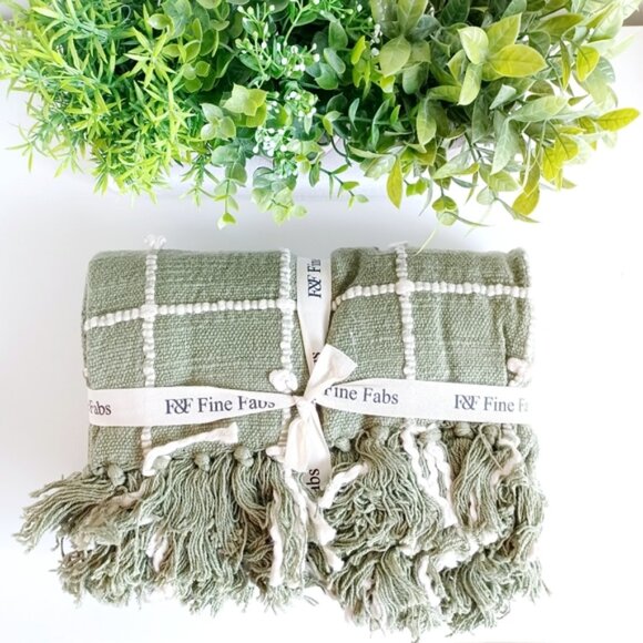 FINE FABS Decorative 100% Cotton Throw Blanket | 60"x50" | Sage Green - Picture 6 of 10